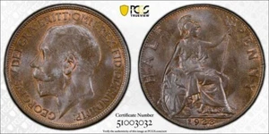 1923 Great Britain 1/2 Penny PCGS MS65BN Lot#G9680 Gem BU! Top Graded! - Picture 1 of 4