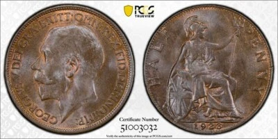1923 Great Britain 1/2 Penny PCGS MS65BN Lot#G9680 Gem BU! Top Graded! - Image 1 of 4