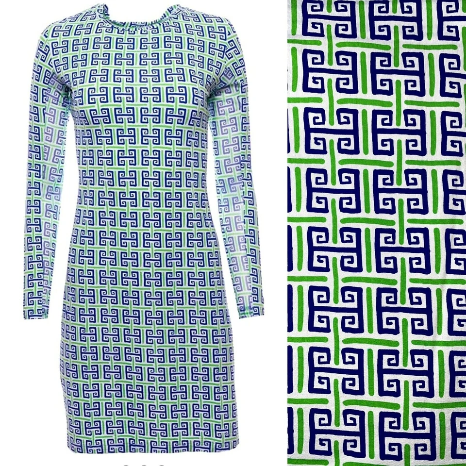 IBKUL Mock Neck Sleeveless Jersey Dress UPF 50 Geo Key Navy Green Golf Beach M