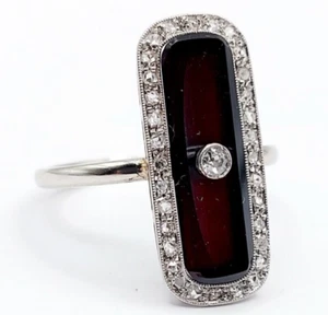 Anillo marquesa art deco oro blanco 18k placa de ónix y diamante (alrededor d... - Imagen 1 de 10