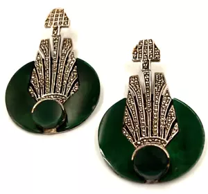 Antique Art Deco Czech Jade Green Marcasite Sterling Silver Earrings Large - Picture 1 of 20