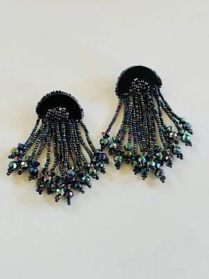 80s Glass Earrings VTG Black Pierced Chunky Cluster Dangle Lucite Statement Big - Image 1 of 4