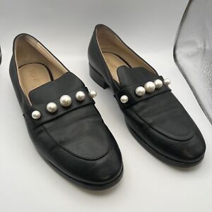 Stuart Weitzman Goldie Faux Pearl Embellished Black Leather Loafers Size 11