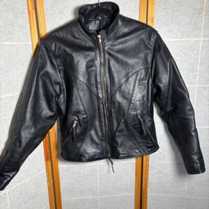 Vintage Frontier Women's Medium Blk Biker Leather Jacket Moto Y2K - Picture 1 of 13