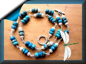 Choker Necklace with Blue Sea Sediment Jasper Gemstone Beads & Freshwater Pearls - Picture 1 of 2