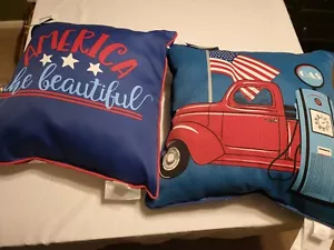 NEW 18 X 18 INCH INDOOR~OUTDOOR PATRIOTIC ACCENT PILLOW RED TRUCK~AMERICAN FLAG - Picture 1 of 4