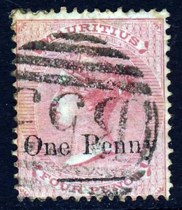 MAURITIUS Queen Victoria 1877 One Penny Surcharge on 4d. Rose-Carmine SG 80 VFU - Picture 1 of 2