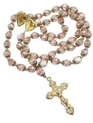 Pink Crystallized Beads Gold Rosary Catholic Holy Mary Locket Medal & Crucifix - Image 1 of 4