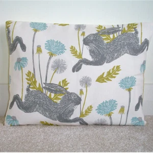 Hare Cushion Cover Oblong 16" x 12" Grey Duck Egg Ochre Easter Rabbits 16x12 - Picture 1 of 2