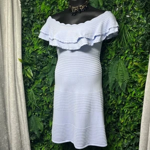 Eliza J Dress XL Light Blue Off Shoulder Ruffle Rib Knit Cocktail 3186 - Picture 1 of 9