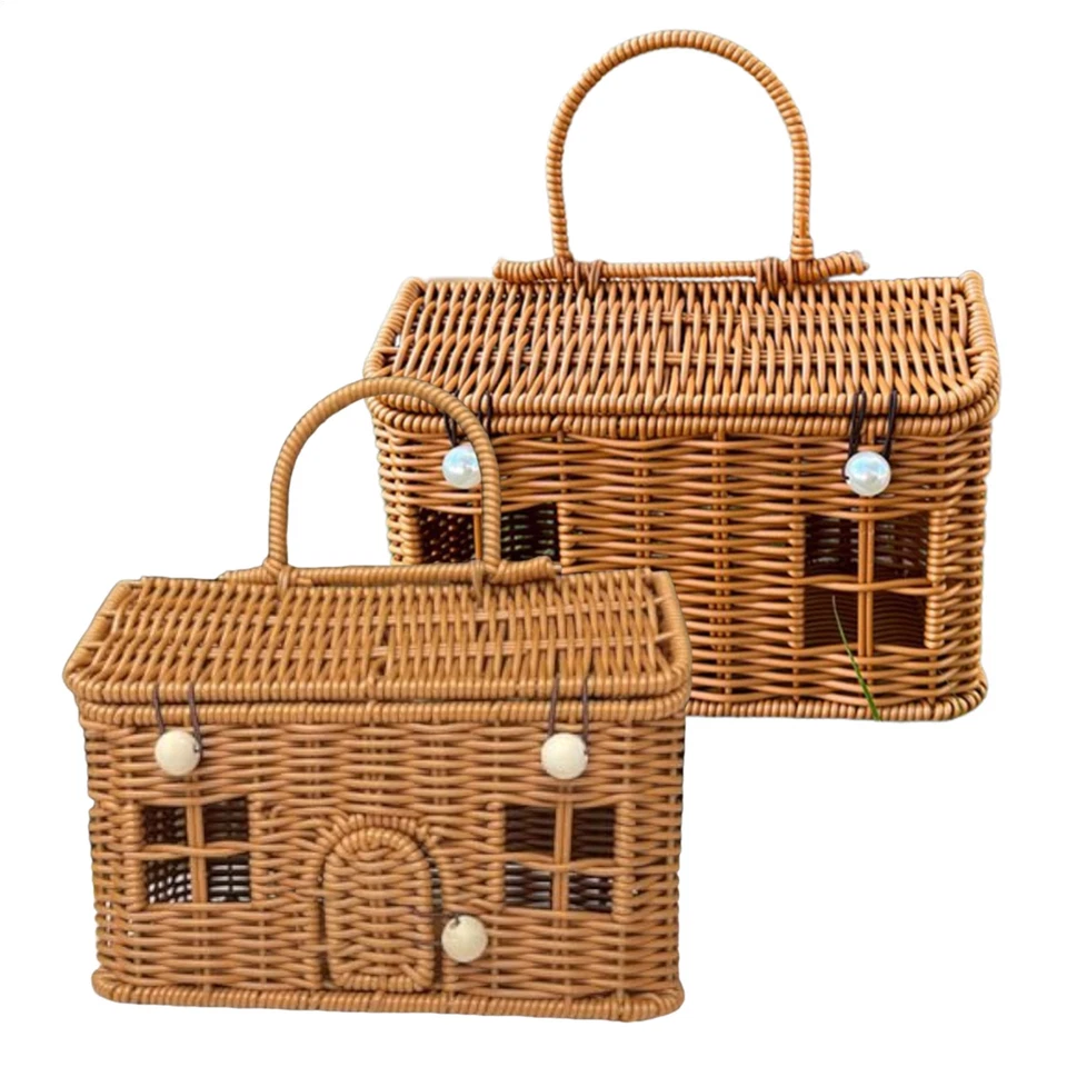 Caja de Almacenamiento Dormitorio Organizador Casa Forma Ratán Tejido Cesta con Tapa Almacenamiento Foto 1 de 4