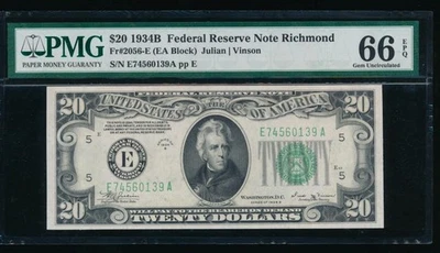 AC 1934B $20 Richmond FRN PMG 66 EPQ Fr 2056-E gem uncirculated - Image 1 of 2