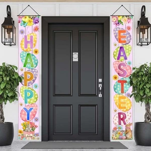 Easter Porch Banner Bunny Egg Sign - Spring Front Door Hanging Party Decoration - Picture 1 of 6