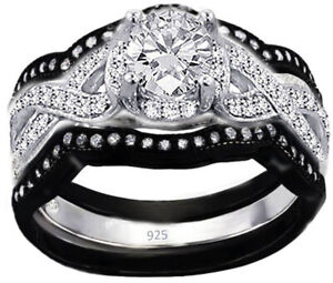 Real 925 Sterling Silver Wedding 3pc Cubic Zirconia set black and white Ring