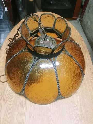 Vtg Textured Amber Slag Glass Swag Hanging Lamp Light Shade Oyster Shape Panels Cover