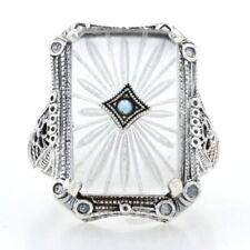 Sterling Seed Pearl & Camphor Glass Filigree Ring - 925 Milgrain Size 7 1/2