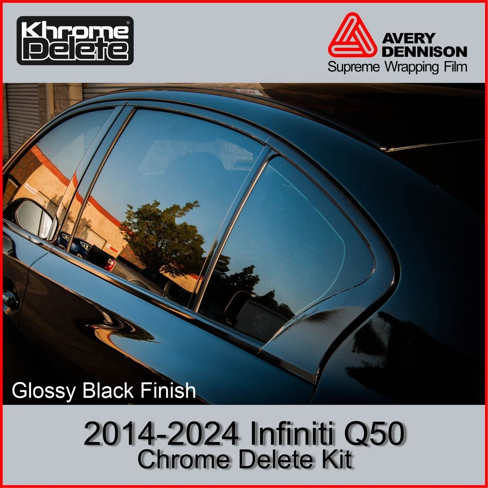 2014–2024 Infiniti Q50 Chrome Delete Vinyl Wrap Overlay – Gloss Black Finish - Image 1 of 4