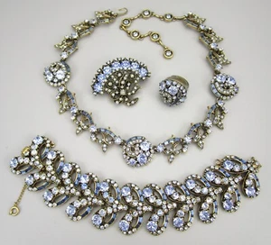 1950'S HOLLYCRAFT AQUA RHINESTONE NECKLACE BRACELET BROOCH PIN RING SET - Picture 1 of 14