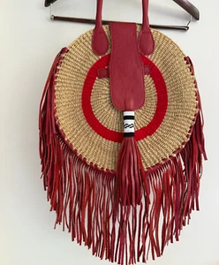 GENUINE LEATHER FRINGE SISAL BAG RED HANDMADE ROUND BEAD TRIBAL BOHO HOBO PURSE - Bild 1 von 23