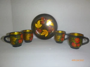 Russian USSR | Khokhloma Painted Wood | 4 Handle Cups & Plate | Rare Vintage - Picture 1 of 8