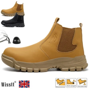 MENS LEATHER CHELSEA SAFETY BOOTS SLIP ON STEEL TOE CAP WORK SHOES WATERPROOF UK - Picture 1 of 35