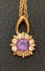 Vintage synthetischer Diamant und Amethyst Anhänger an 18" goldfarbener Kette - Bild 1 von 3