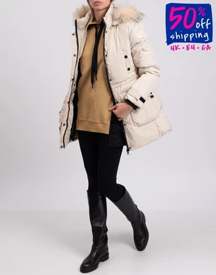 PVP €820 ALEGRI Chaqueta Parka de Plumón Talla L Marfil Borde de Piel de Mapache Capucha Desmontable Foto 1 de 4