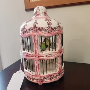 Ceramic Bird Cage Pink & White with Yellow & Green Bird - Bild 1 von 9