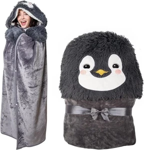 Penguin Design Wearable Hooded Blanket - Oversized Blanket Hoodie with Gloves - Picture 1 of 6