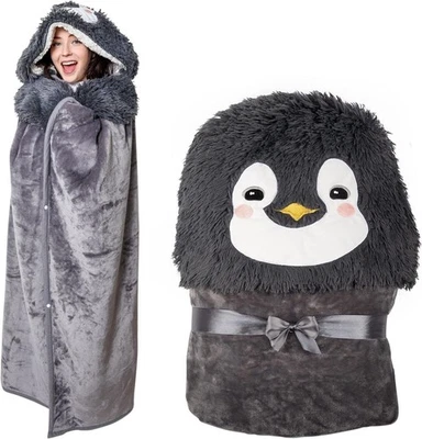 Penguin Design Wearable Hooded Blanket - Oversized Blanket Hoodie with Gloves - Image 1 of 4