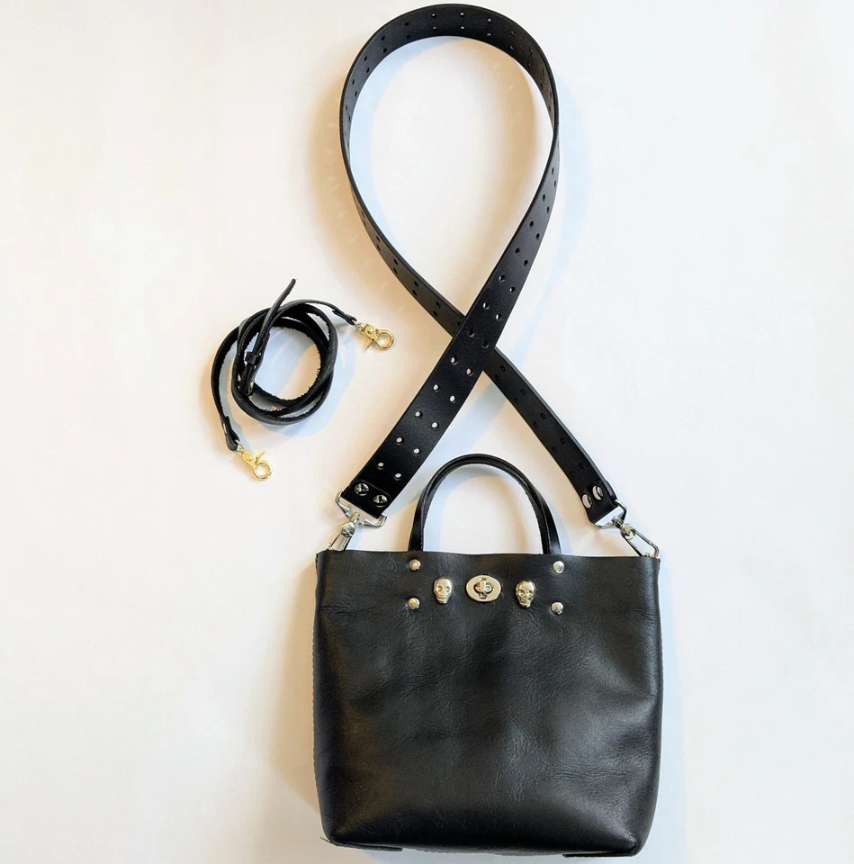 TRIBE ALIVE DIY Redone Black Genuine Leather Skull Punk Goth CROSSBODY BAG - Image 1 of 4