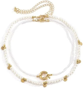 Collana da Donna Doppio Strato con Perle Sintetiche e Dettagli Dorati - Picture 1 of 4