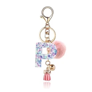Resin Alphabet Initial Letter Keychain Keyring for Women Pink Fur Ball Letter P - Picture 1 of 7