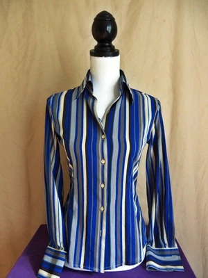 Blusa de poliéster a rayas azules y grises Nara Camicie años 90. Talla 0 Foto 1 de 4