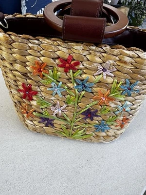 Patricia Nash Woven Straw Bag Floral Embroidered tote grammacore cottagecore - Image 1 of 4