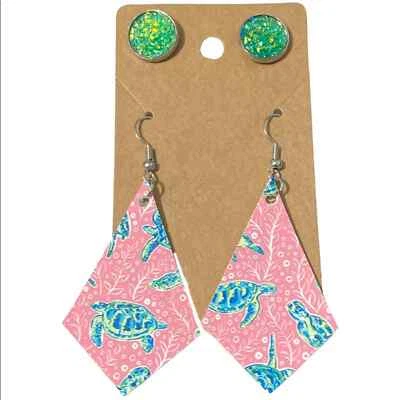 Women's Earrings Set Sea Turtle Pink Drop Earrings Green Druzy Stud Set Novelty - Image 1 of 4