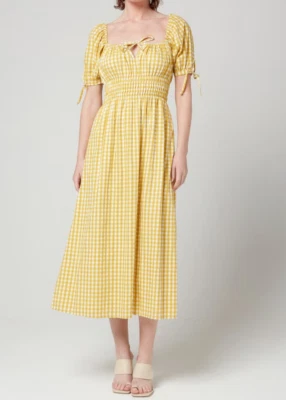 全新 ~ 14 / 3XL / 16 ~ FAITHFULL THE BRAND "milkmaid" FLORA MIDI 连衣裙 mari check — 第 1/4 张图片