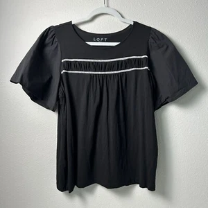Loft Top Womens Size LP Petite L Black White Lace Puff Short Sleeve Pullover - Picture 1 of 10