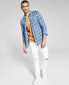 And Now This Men's Point Collar Soft Plaid Button-Up Shirt Blue Plaid Size S - Picture 1 of 3