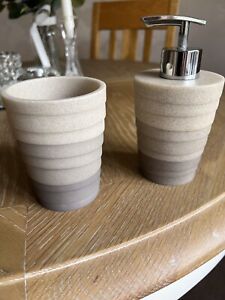3 shade  Beige Wenko  Ribbed soap dispenser and tumbler.