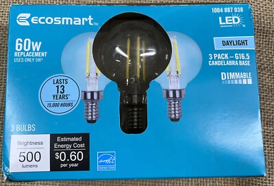Ecosmart 5w LED 60w Replacement 3 Pack Candelabra Base Bulb G16.5 Daylight - Image 1 of 4