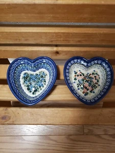 Set of 2 Boleslawiec Hand Made Heart Shaped Bowls Wall Hangings Poland - Picture 1 of 9