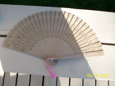 Vintage Folding Hand Held Natural Wooden bamboo Fan pink tassel with box - Image 1 of 4