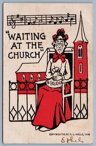 Postcard R.L. Wells Waiting At The Church Artist Signed Old Maid Humor 1908 - Picture 1 of 2