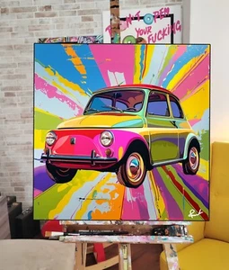 QUADRO MODERNO FIAT 500 POP ART PAINTING CAR PAINTING DIPINTO - Foto 1 di 3