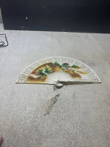 VTG Hand Fan Celluloid Early Plastic Hong Kong Elaborate Ribbon Lace Tassel  - Picture 1 of 5