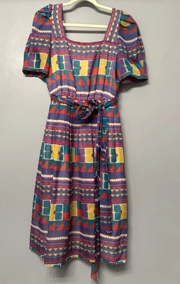Vintage Morton Myles 1980s 100% Silk Dress Geometric Print Puff Sleeve Size 8 - Image 1 of 4