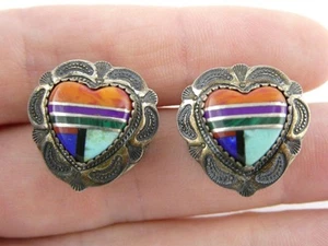Southwestern Pair of Multi Gemstone Inlay Heart Button Covers Sterling Setting - Picture 1 of 10