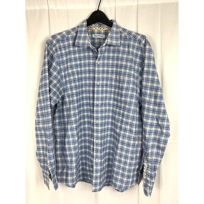 Camisa de vestir Tommy Bahama para hombre azul a cuadros mezcla de lino ribete en contraste talla L Foto 1 de 4