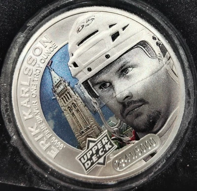 MONEDA DE PLATA .9999 DE UNA OZ TROY SER#/5000 CUBIERTA SUPERIOR GRANDEZA ERIK KARLSSON Foto 1 de 3